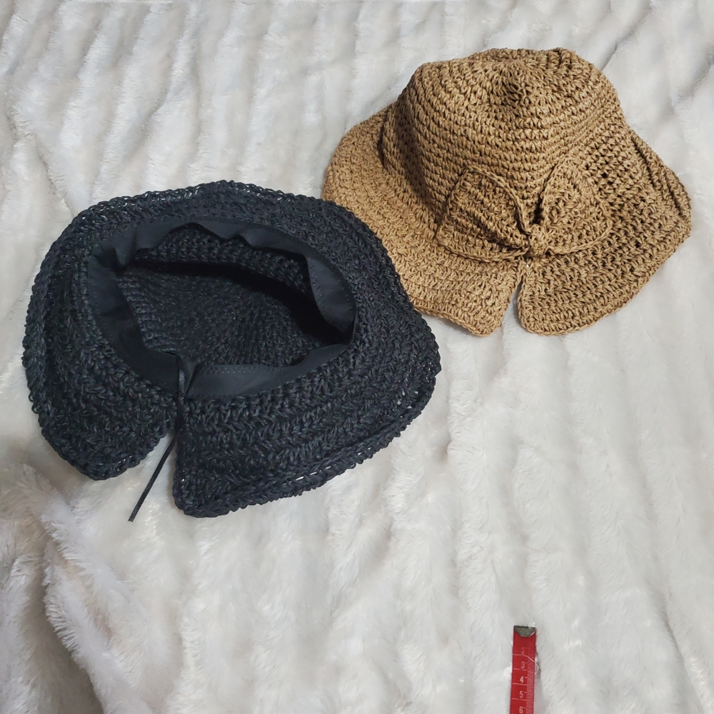BLACK & BEIGE WOVEN ADJUSTABLE SUNHATS WITH BOWS!